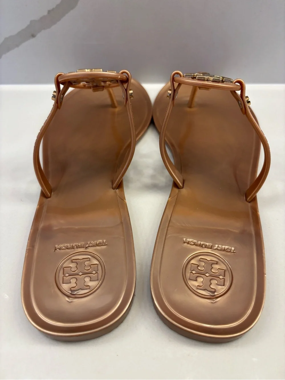 Tory Burch Metallic Bronze Jelly Logo Thong Sandals